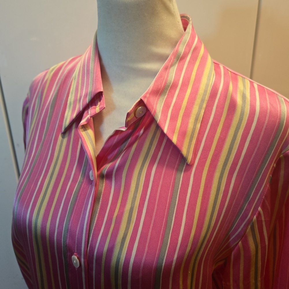 100% Silk Striped Button Down Shirt Pink Yellow Size Medium Womens - Picture 5 of 8